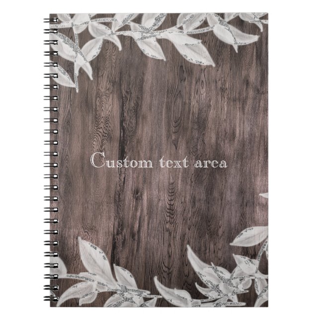 Cuaderno Hojas blancas y plateadas y madera rústica elegant (Frente)