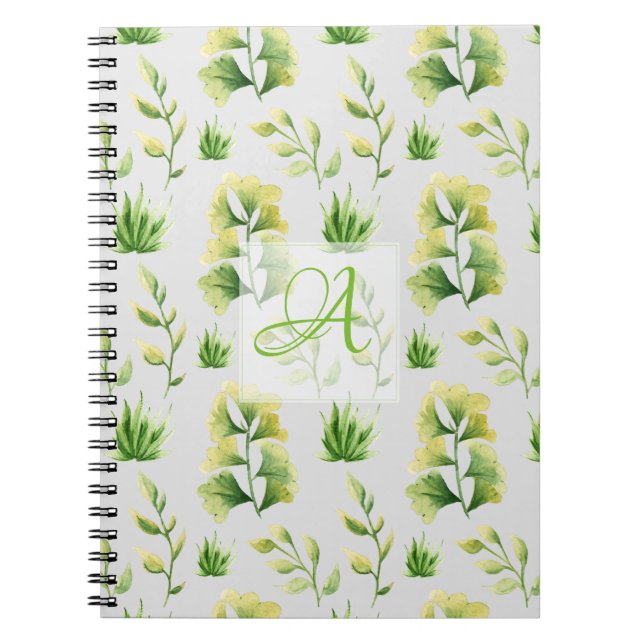 Cuaderno Hojas Botánicas Acuarela Verde Deco Monograma (Frente)