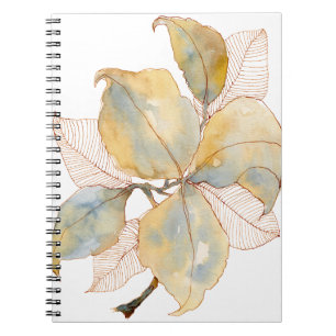 Cuaderno Hojas botánicas acuarelas doradas azules suaves