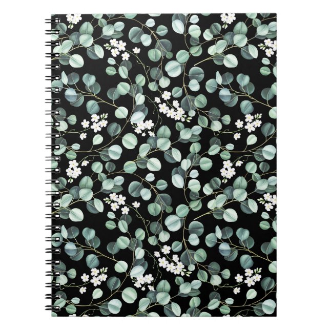 Cuaderno Hojas de eucalipto: Patrón de flores blancas (Frente)