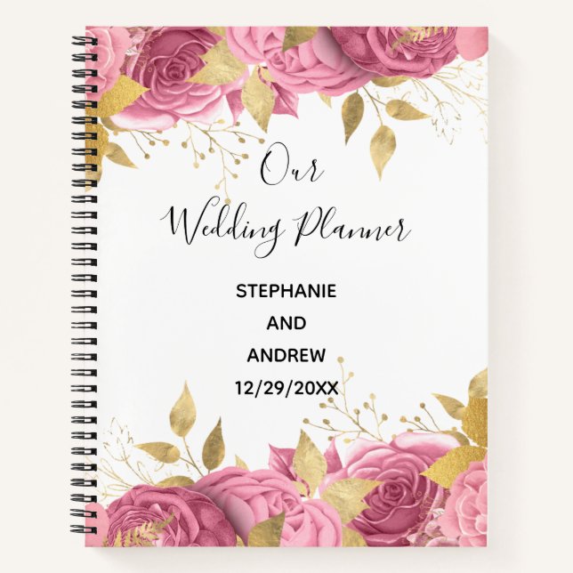 Cuaderno Hojas de oro rosa elegante planes de boda  (Anverso)