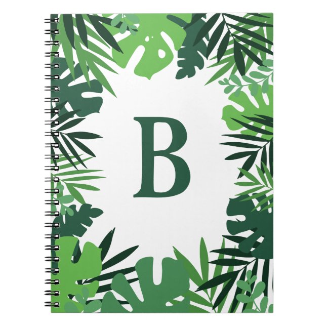 Cuaderno Hojas de palma de jungla, monograma de diseño trop (Frente)
