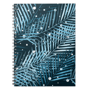Cuaderno Hojas de palma en azul con puntos de polka blanco.