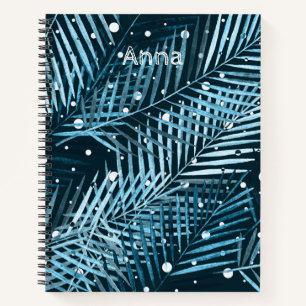 Cuaderno Hojas de palma en azul con puntos de polka blanco.