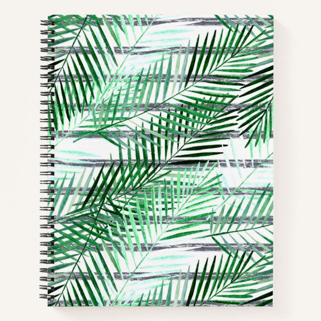 Cuaderno Hojas de palma sobre un fondo blanco y negro rayad (Anverso)