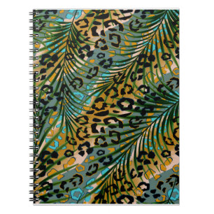 Cuaderno Hojas de palma sobre un fondo de leopardo.
