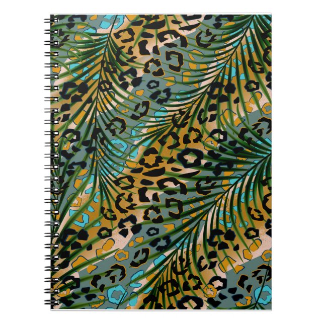 Cuaderno Hojas de palma sobre un fondo de leopardo. (Frente)