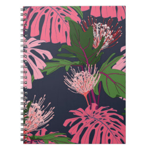 Cuaderno Hojas de palma tropicales verdes y rosas exóticas 