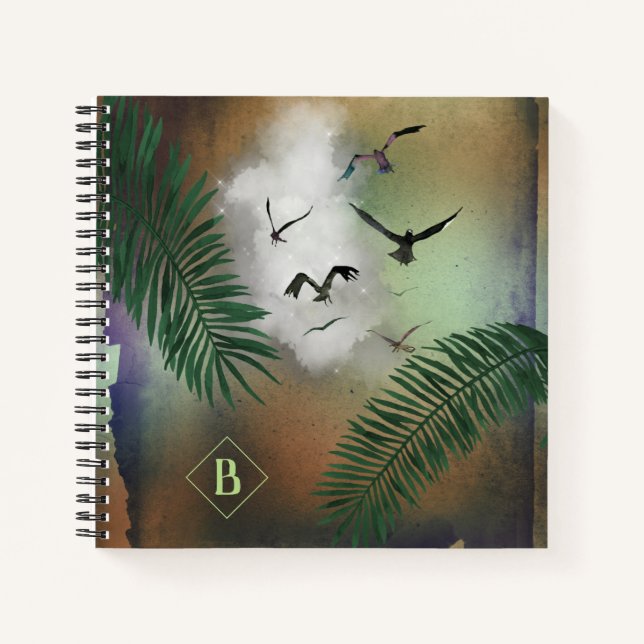 Cuaderno Hojas de palma y gaviotas sobre roya y gruta verde (Anverso)