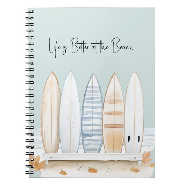 Cuaderno Hojas de tablas de surf crema blancas azules y bro (Frente)