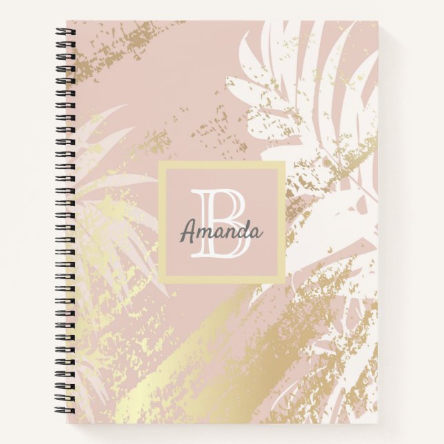Cuaderno Hojas monogramadas de palmera de oro rosa (Anverso)