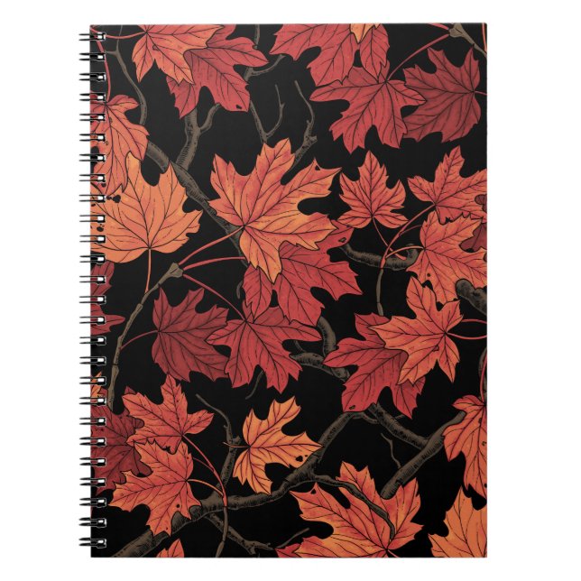 Cuaderno Hojas rojas de arce de otoño sobre negro (Frente)