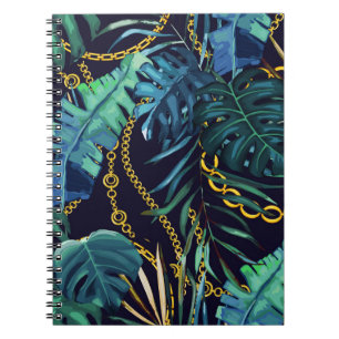 Cuaderno Hojas tropicales, cadenas de oro, sin costuras.
