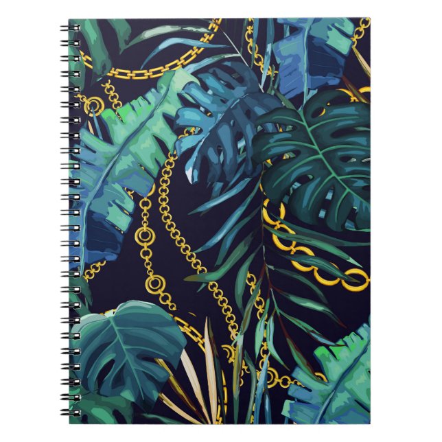 Cuaderno Hojas tropicales, cadenas de oro, sin costuras. (Frente)