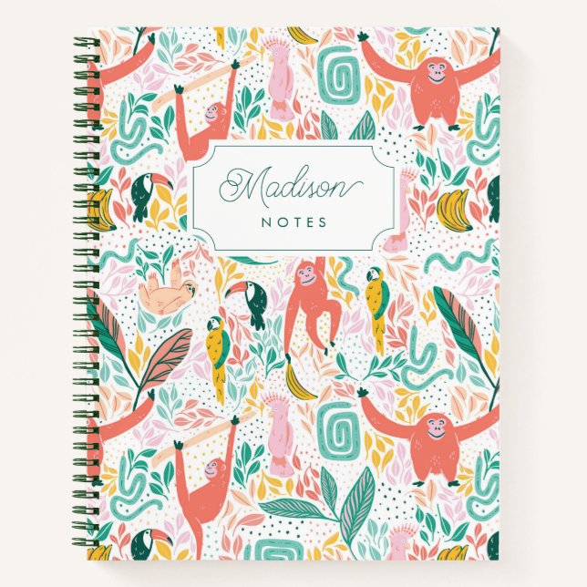 Cuaderno Hojas tropicales de animales de la jungla de monos (Anverso)