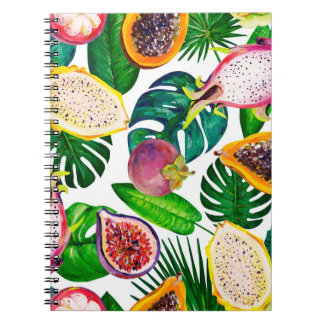 Cuaderno Hojas tropicales, frutas, gouache sin costura.