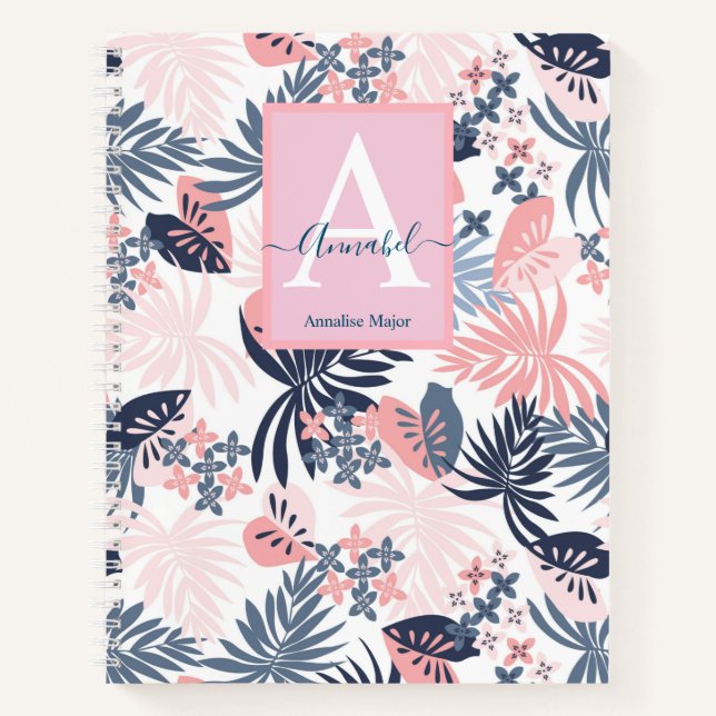 Cuaderno Hojas tropicales Rubor rosa & marina Monogramado (Anverso)