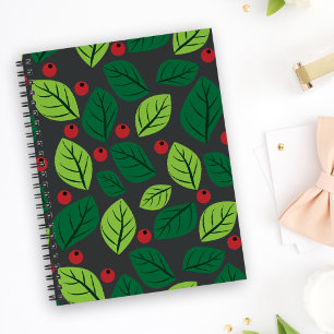 Cuaderno Hojas verdes, bayas rojas, patrón de hojas