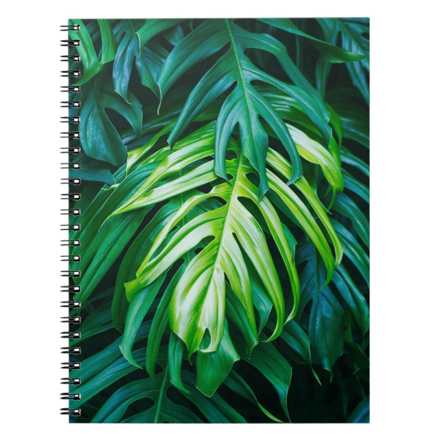 Cuaderno Hojas verdes tropicales sobre fondo oscuro, natura (Frente)