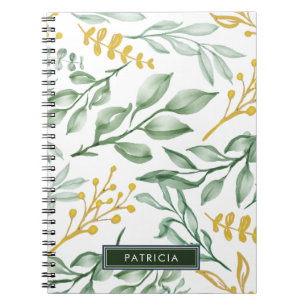 Cuaderno Hojas verdes y flores doradas personalizadas