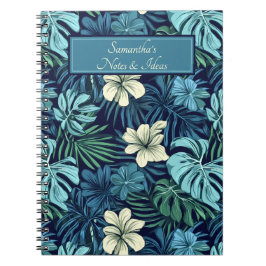 Cuaderno Hojas y flores tropicales azul y blanco