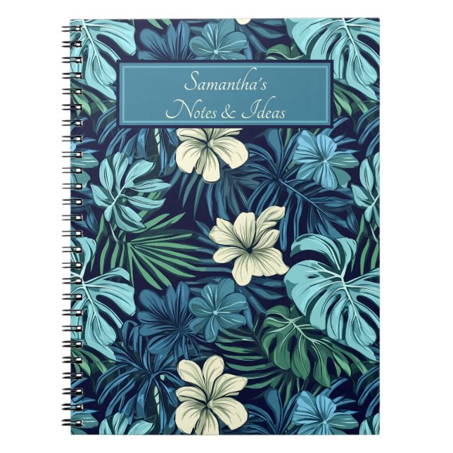 Cuaderno Hojas y flores tropicales azul y blanco (Frente)