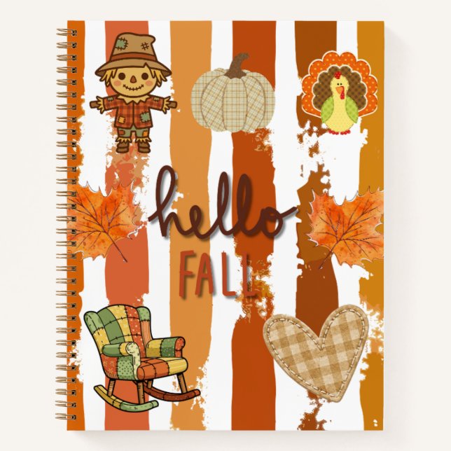 Cuaderno Hola Otoño Rustico Parches Naranja Hojas Rayas (Anverso)