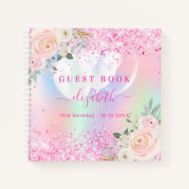 Cuaderno Holográfico de flores rosadas de cumpleaños de lib (Anverso)