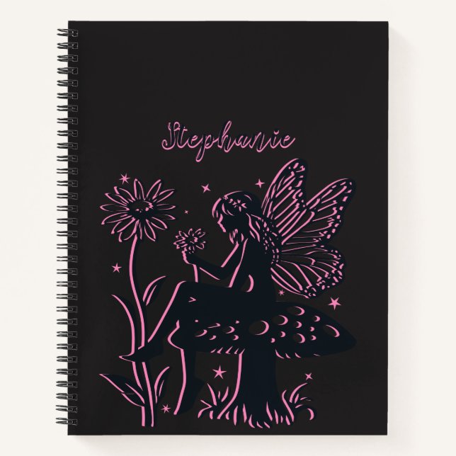 Cuaderno Hongo y Flor de Hada Linda Negro y Rosa (Anverso)