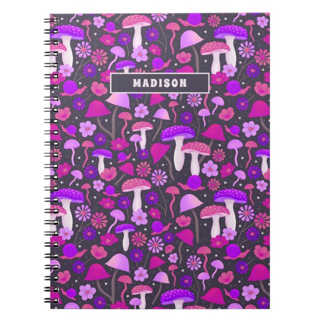 Cuaderno Hongos florales Vibrantes Rosa, Púrpura y Negro (Frente)