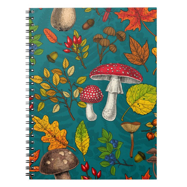 Cuaderno Hongos, hojas, nueces y bayas otoñales en azul (Frente)