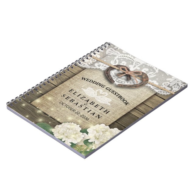 Cuaderno Horseshoe Hydrangea Wood Country Wedding Guestbook (Lado Izquierdo)
