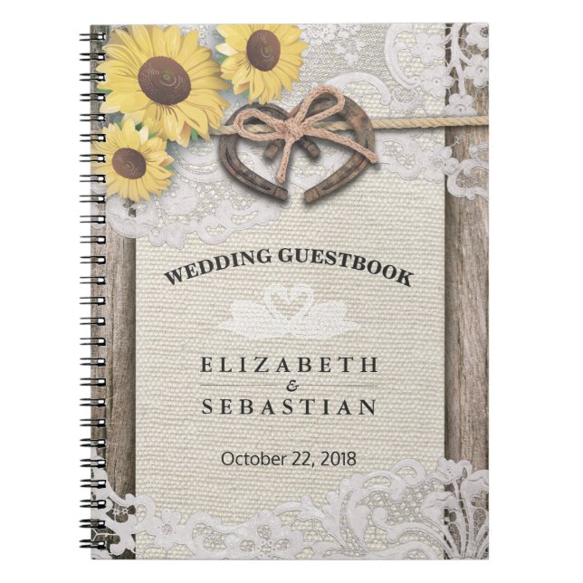 Cuaderno Horseshoes Burlap Lace Boda del girasol Guestbook (Frente)