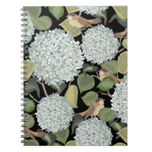 Cuaderno Hortensia azul blanco claro con hojas verdes y