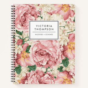 Cuaderno Hortensias de Marfil y Rosas de Jardín Rosadas Flo