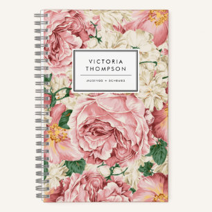 Cuaderno Hortensias de marfil y rosas de jardín rosadas Flo