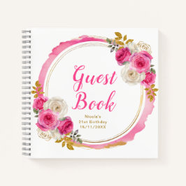 Cuaderno Hot Pink and Gold Elegant Flowers Birthday Party