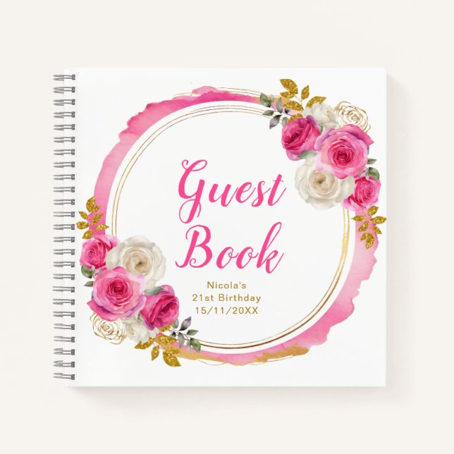 Cuaderno Hot Pink and Gold Elegant Flowers Birthday Party (Anverso)
