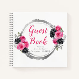 Cuaderno Hot Pink and Silver Elegant Flowers Birthday Party