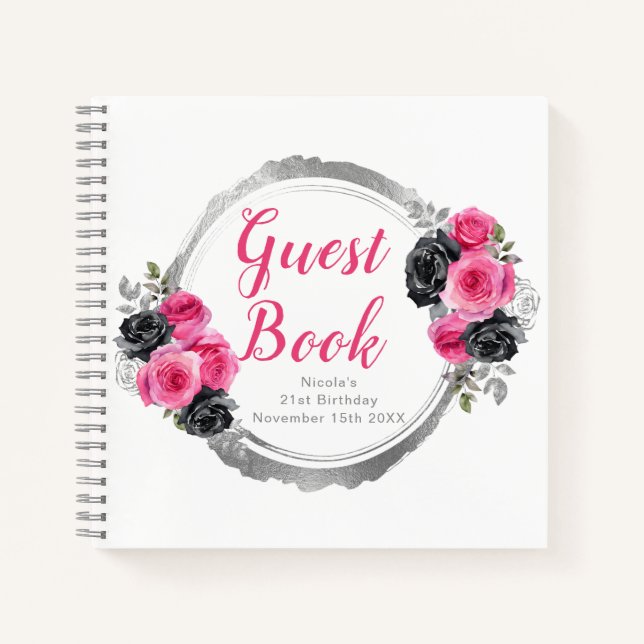 Cuaderno Hot Pink and Silver Elegant Flowers Birthday Party (Anverso)