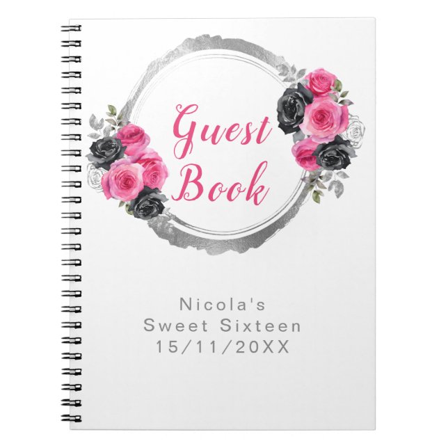 Cuaderno Hot Pink and Silver Elegant Flowers Sweet Sixteen (Frente)