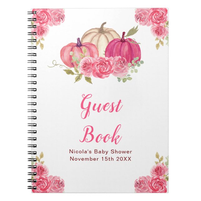 Cuaderno Hot Pink Floral Pumpkins Baby Shower Guest Book (Frente)