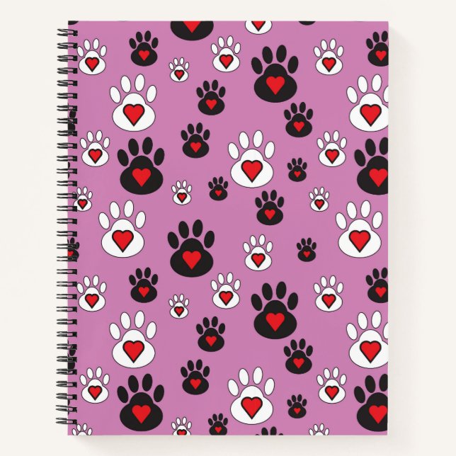 Cuaderno Huellas de patas con corazones rojos sobre rosa  (Anverso)