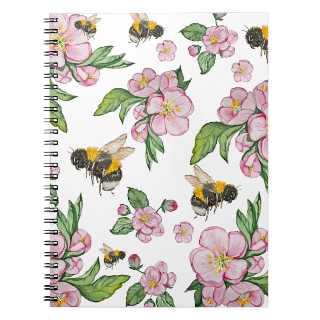 Cuaderno Huerto de manzanas florido con abejas acuarela dra (Frente)