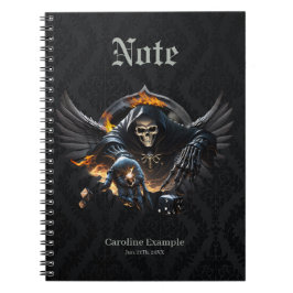 Cuaderno Huesos y magia, esqueleto con dados místicos.