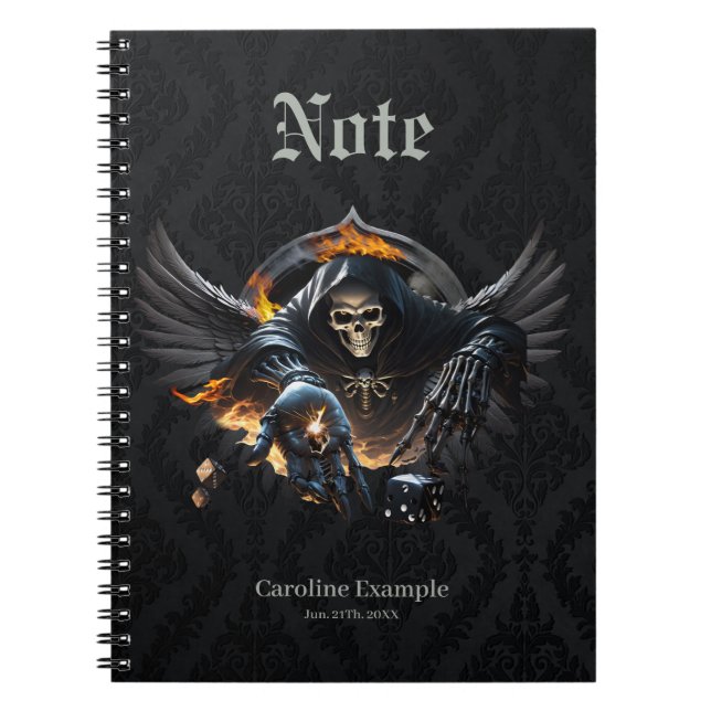 Cuaderno Huesos y magia, esqueleto con dados místicos. (Frente)