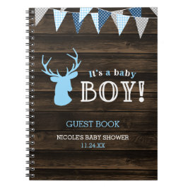 Cuaderno Huéspedes de Baby Shower Rustic Wood Blue Deer Boy