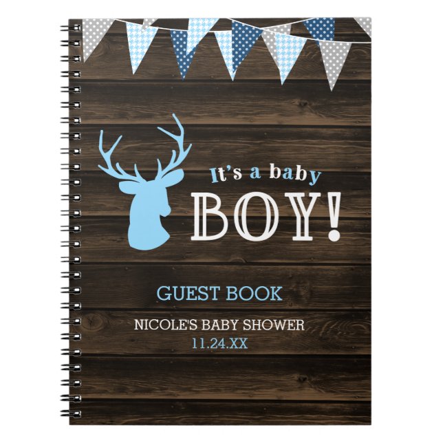 Cuaderno Huéspedes de Baby Shower Rustic Wood Blue Deer Boy (Frente)