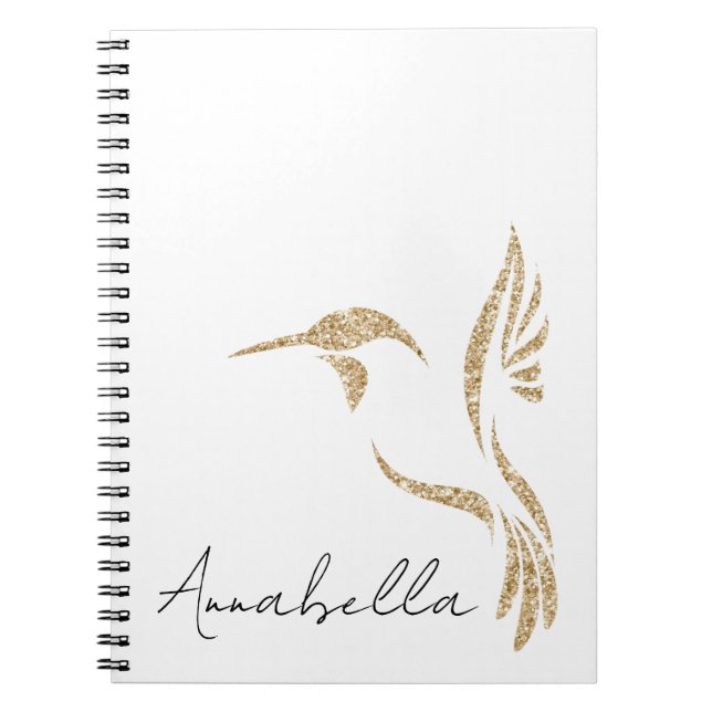 Cuaderno Hummingbird Purpurina dorado y nombre personalizad (Frente)