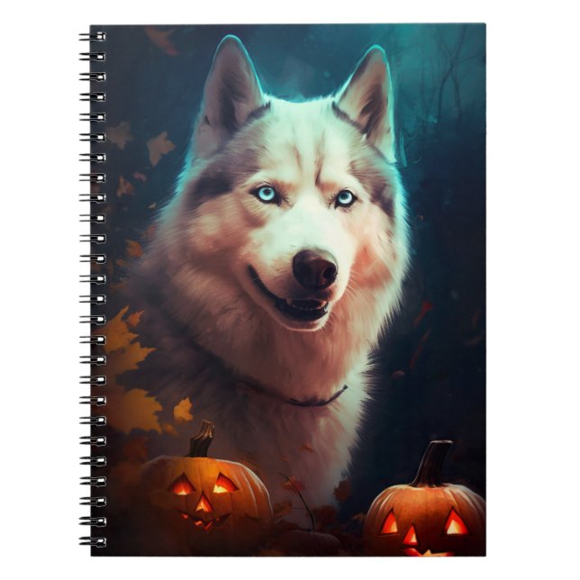 Cuaderno Husky siberiano de Halloween con calabazas espeluz (Frente)